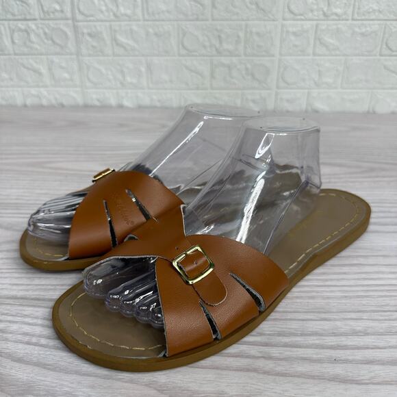 Salt Water Sandals WMNS 9 Hoyway Classic Slides Tan Leather Slip On Flat Buckle - Picture 5 of 11